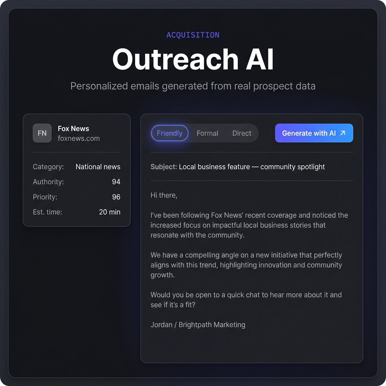 The Outreach AI view: a prospect summary for a national news outlet beside an AI-drafted email with tone chips and a subject line.